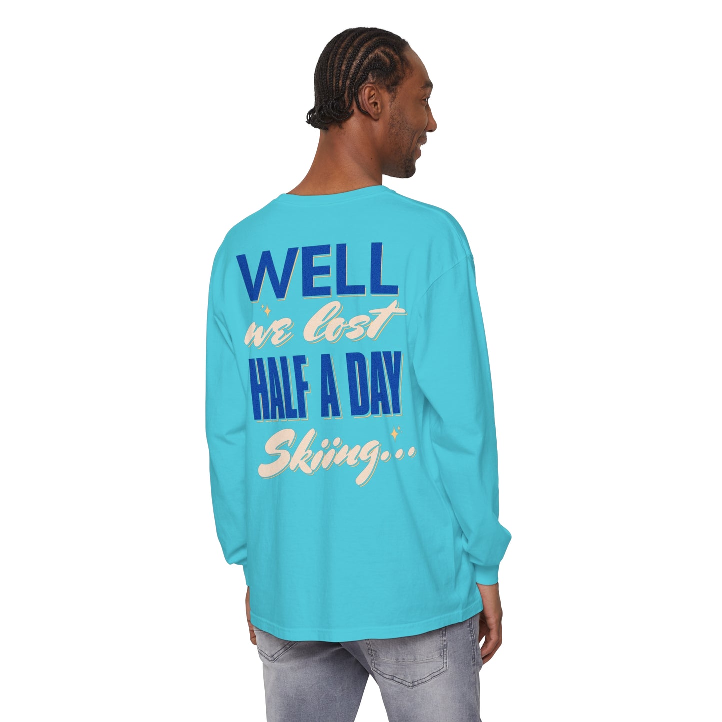 Vibrant blue Deer Valley GOOP Club long sleeve tee with graphic design on back.