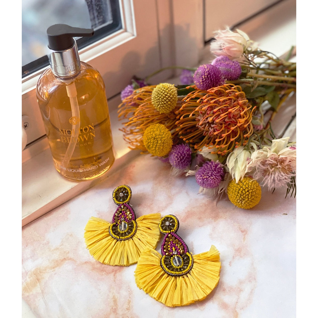 Lightweight handcrafted yellow fan earrings, perfect for sensitive ears.