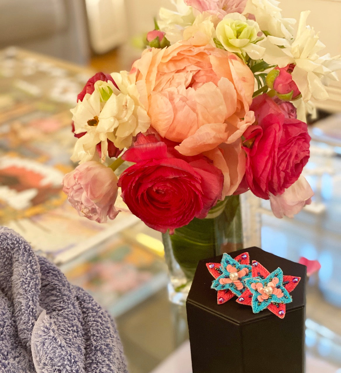 Lightweight beaded earrings with a unique tri-color star flower design, hypoallergenic for comfortable wear.