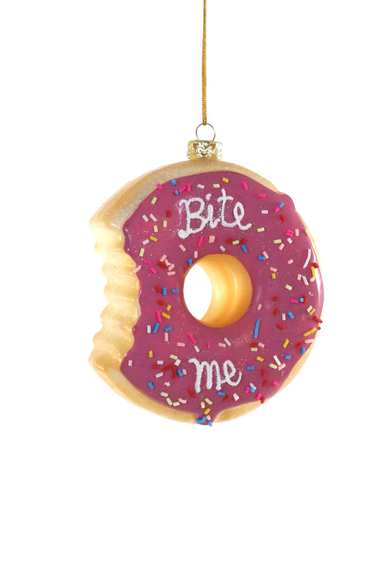 Glass donut ornament with colorful sprinkles and a "Bite Me" message, perfect for adding fun to your Christmas tree.