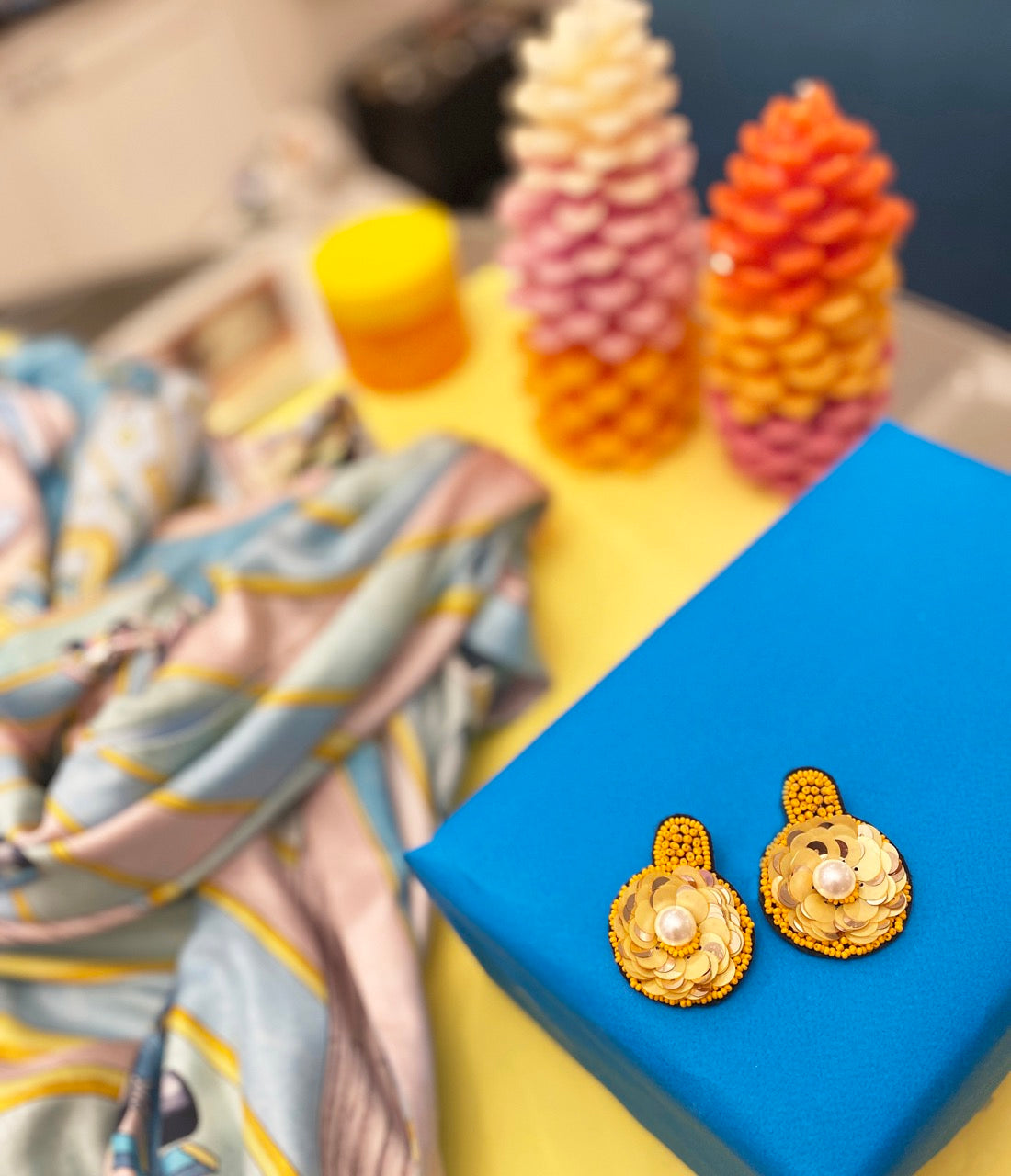 Lightweight yellow floral earrings with hypoallergenic materials and hand-crafted design.