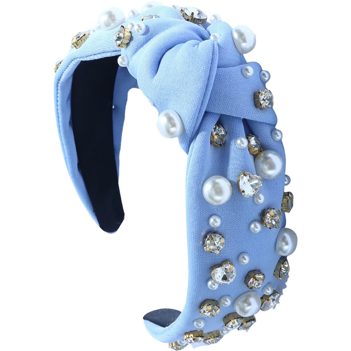Blue bauble knot headband with pearl and crystal embellishments.