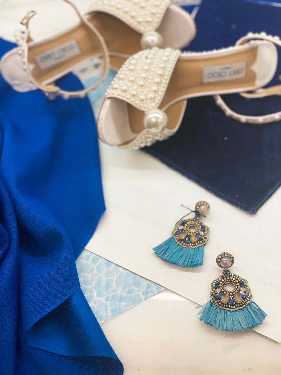 Trendy Blue Crush Earrings with rhinestones and "OMG" patch, handcrafted and hypoallergenic.