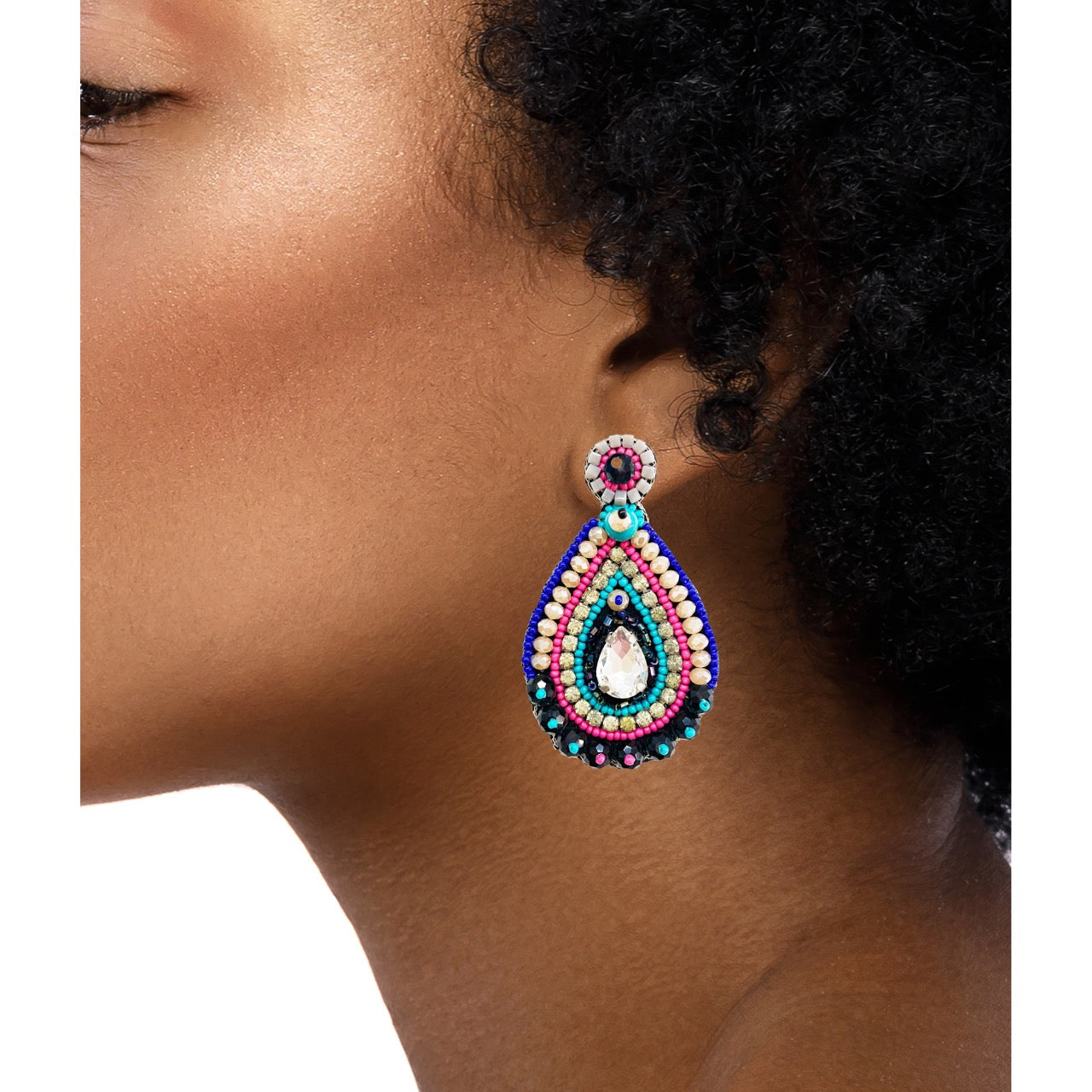 Vibrant teardrop earrings with artistic beading and playful "Keep Your Hands Off" and "Donut" patches, perfect for bohemian style.