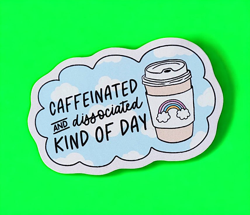 Colorful sticker with coffee cup and clouds.