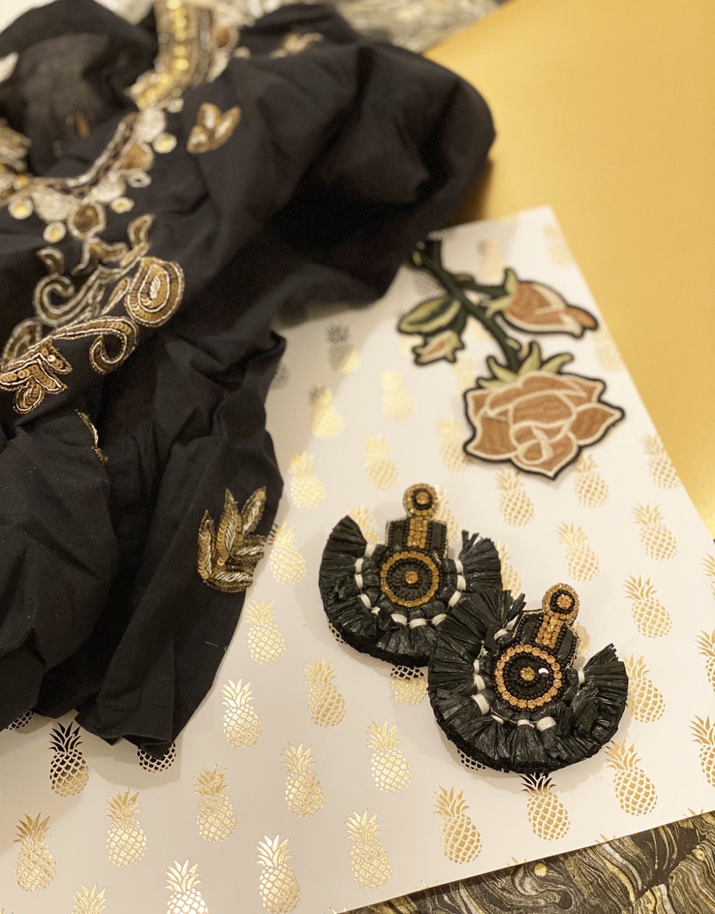 Handmade hypoallergenic Cleopatra earrings with tassel design, sequins, and rhinestones.