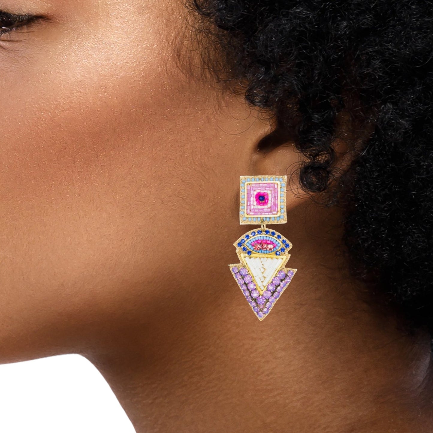 Colorful statement earrings with intricate geometric beadwork and a tropical palm tree design, lightweight and stylish.