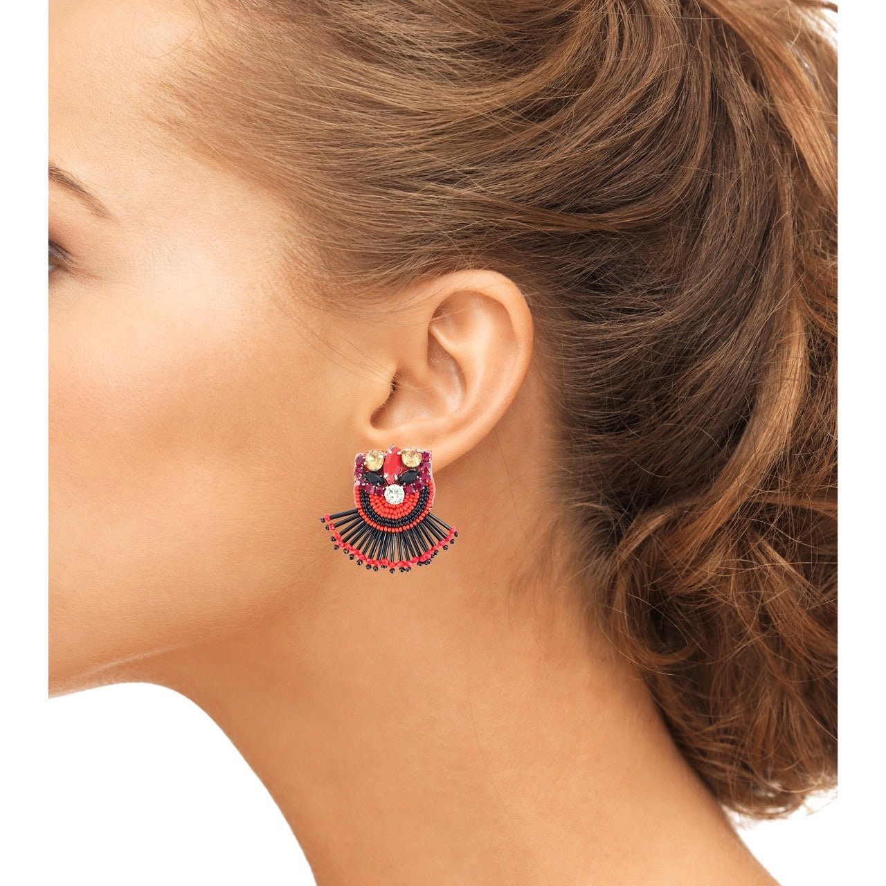 Lightweight red and black earrings with hypoallergenic materials and hand-crafted design.