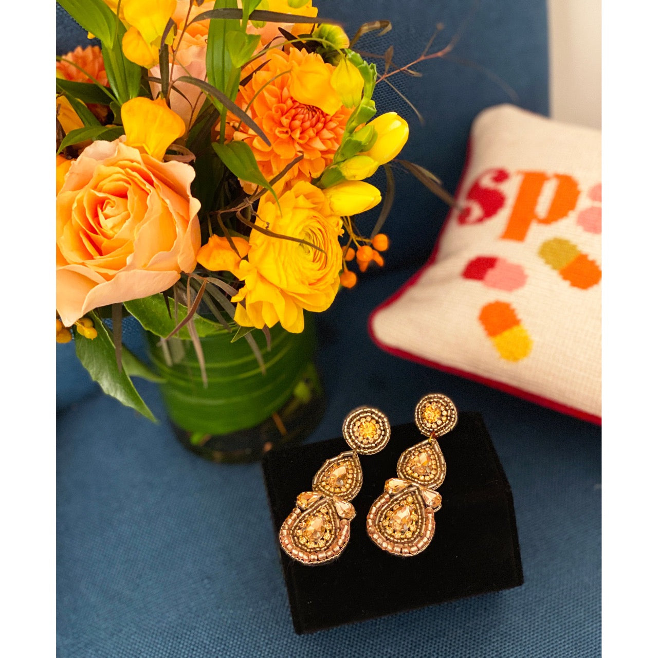 Handcrafted hypoallergenic rose gold earrings with unique self-love patch detail.