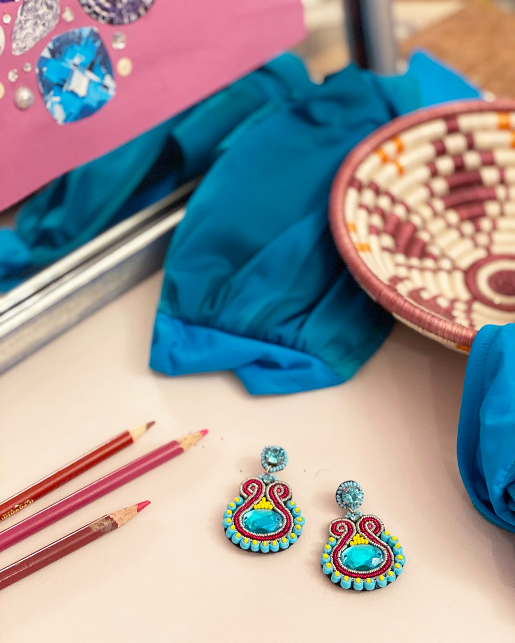 Trendy Dew Drop Aqua Earrings with blue seed beads and "Kiss My Ass" patch, handcrafted and hypoallergenic.