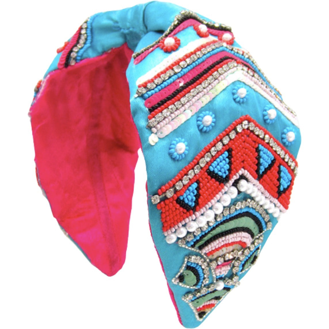 Vibrant Dreamweaver headband in aqua with coral tones and a knot design.