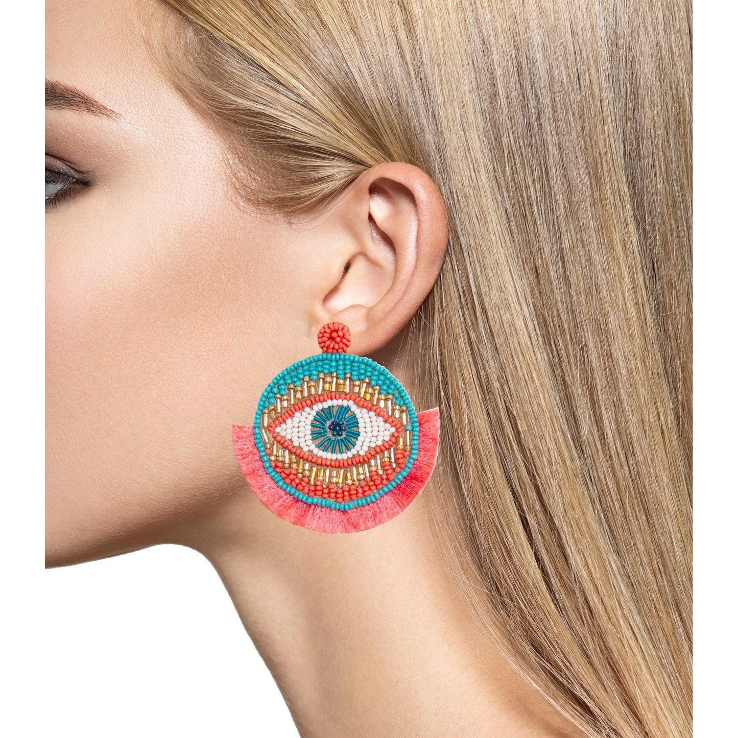 Pair of eye catcher pastel earrings against a white background, emphasizing their unique and stylish design.