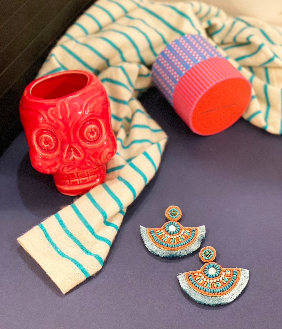 Trendy Fan Club Aqua and Coral Earrings with colorful beading and "Keep Your Hands Off (My Undies)" patch, handcrafted and hypoallergenic.