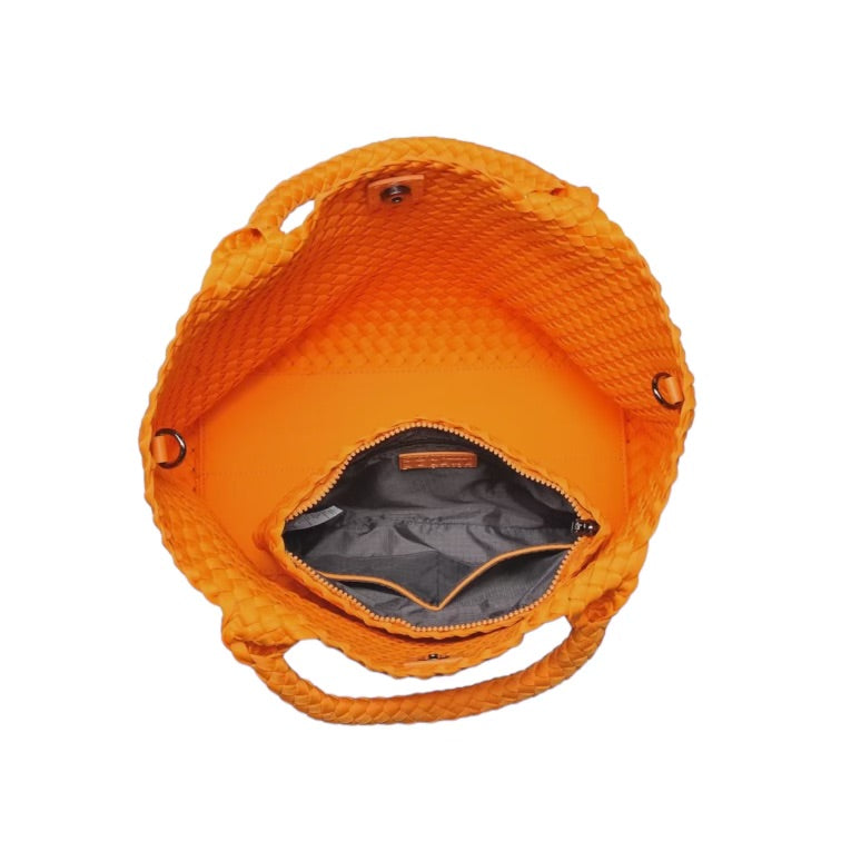 Medium-sized orange tote bag with unique basketweave pattern, crafted from neoprene for durability and style.