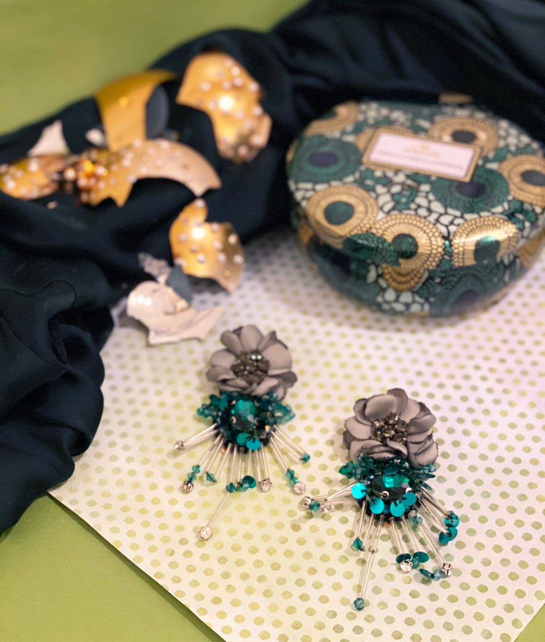 Teal and grey floral earrings with crystal embellishments and lightweight craftsmanship.