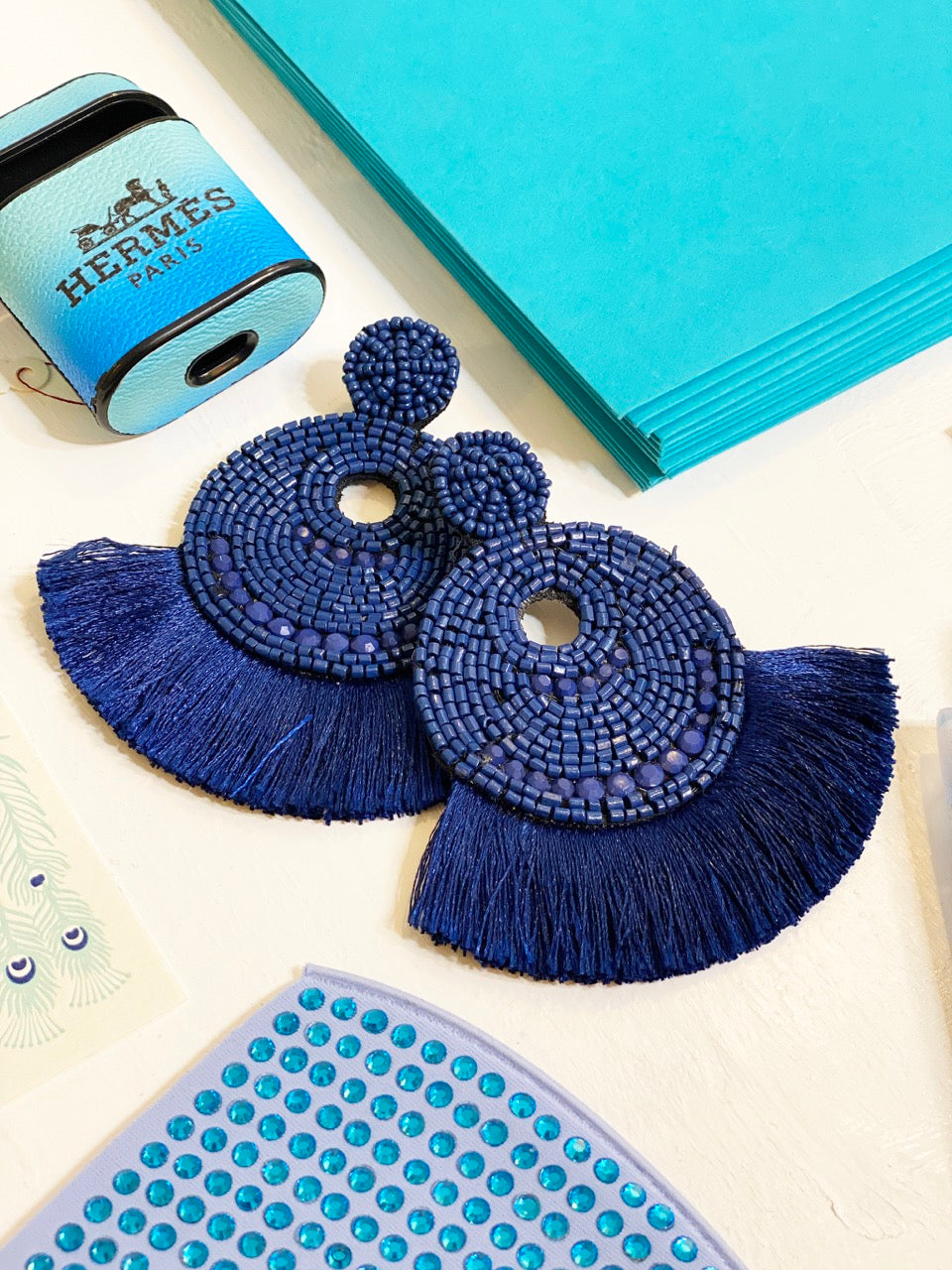 Trendy Fringe Benefits Navy Earrings with navy tassels and "Keep Your Hands Off (My Candy)" patch, handcrafted and hypoallergenic.