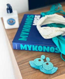 Trendy Fringe Benefits Petit Aqua Earrings with aqua tassels and "Hi / Bye" patch, handcrafted and hypoallergenic.