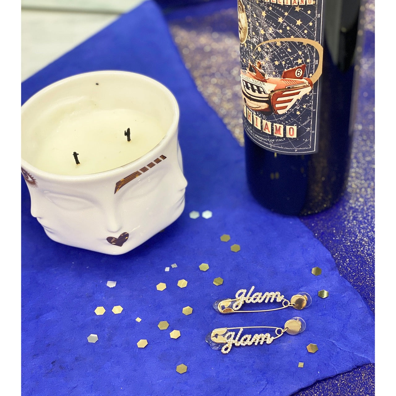 Sparkly GLAM word earrings in gold with dangling safety pin-inspired hardware