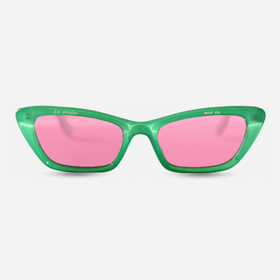 Green cat-eye sunglasses with pink lenses