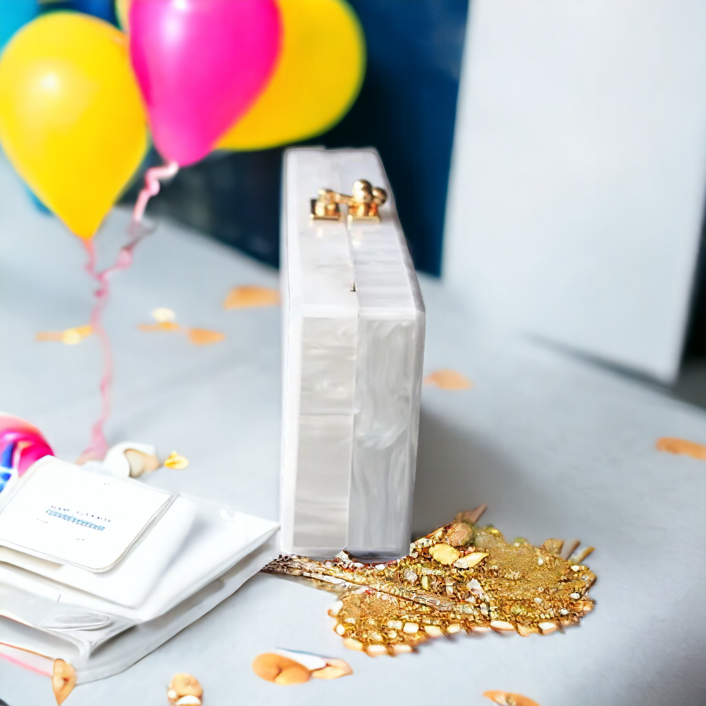 Side of a white acrylic bag resting on a white table with balloons.