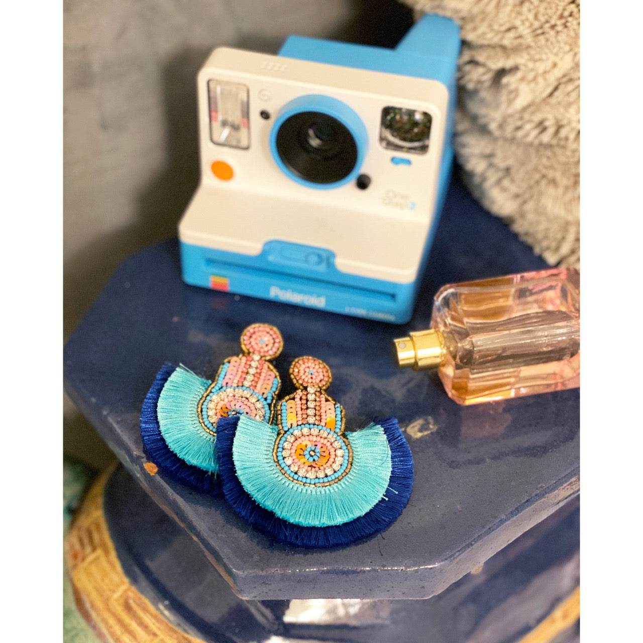 Trendy Miami Vice Aqua Earrings with blue tones and "Avocado Love" patch, handcrafted and hypoallergenic.