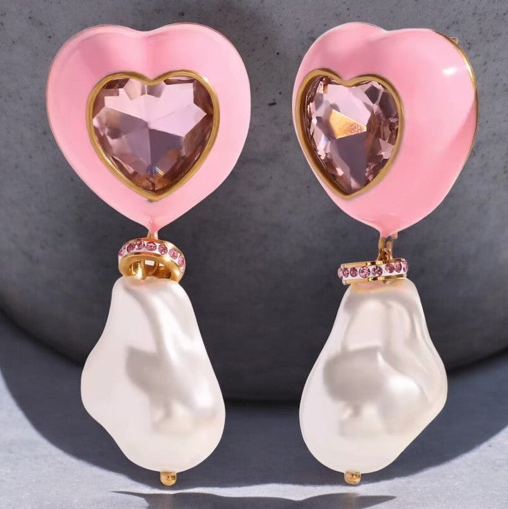 Pink heart earrings with pearl dangles