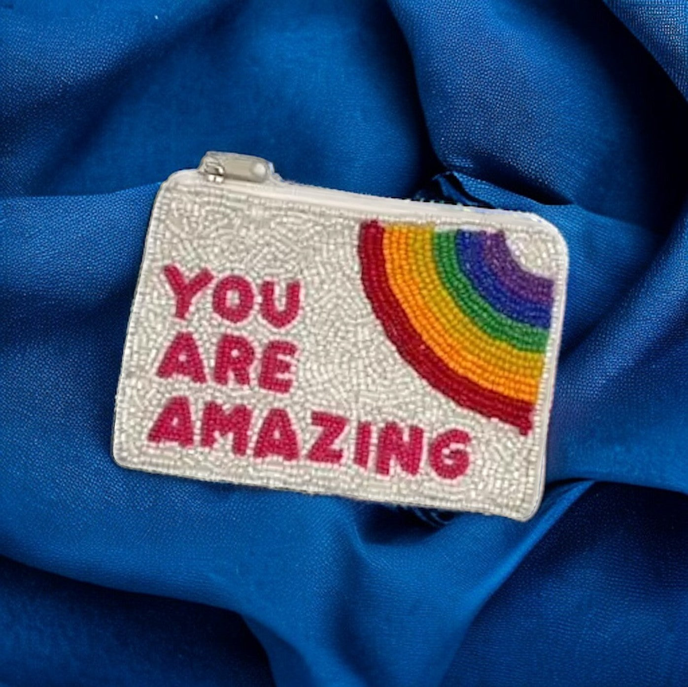 Inspirational beaded coin pouch with "You Are Amazing" message and colorful rainbow, chic and practical for everyday use.