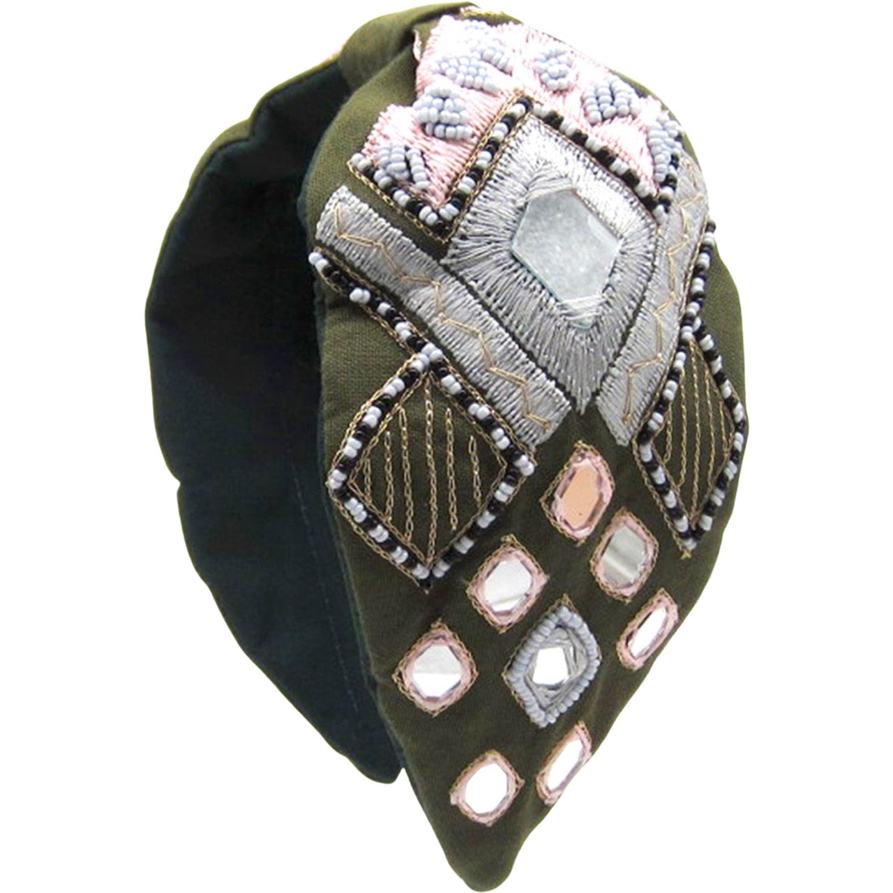 Green statement headband with intricate beadwork and bold embellishments, perfect for adding a touch of elegance to any outfit.