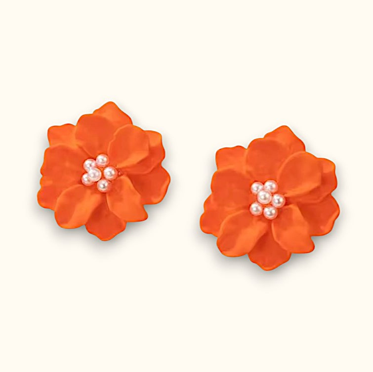 Bright orange flower earrings with faux pearls