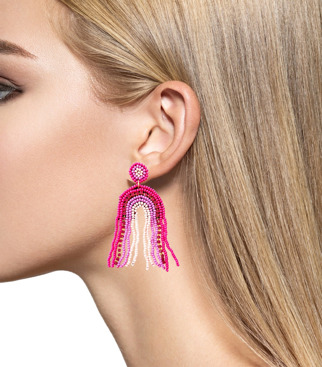 Pink fringe earrings with a gold accent and "Oh Sh*t" patch, perfect for trendy and playful outfits.