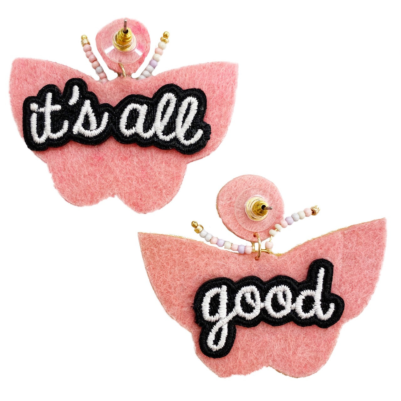 Lightweight pink butterfly earrings with sparkling sequins and playful patch design.