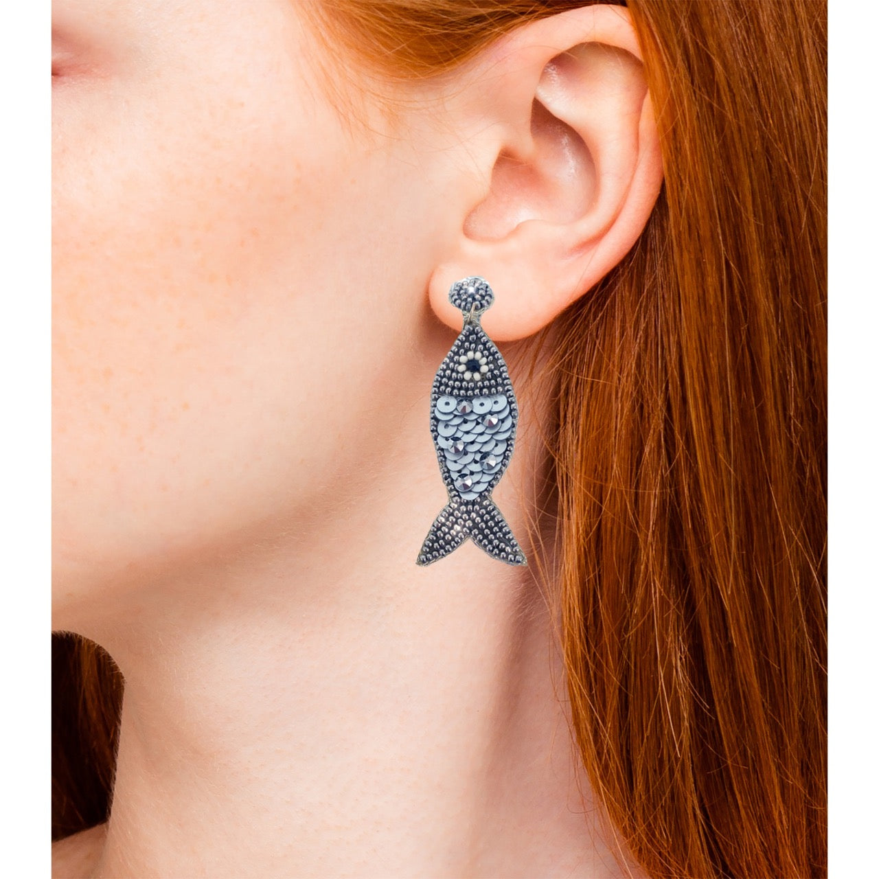 Sparkling silver sequin fish earrings with "Stay Wild" and "Wild" patches, playful and comfortable for all-day wear.
