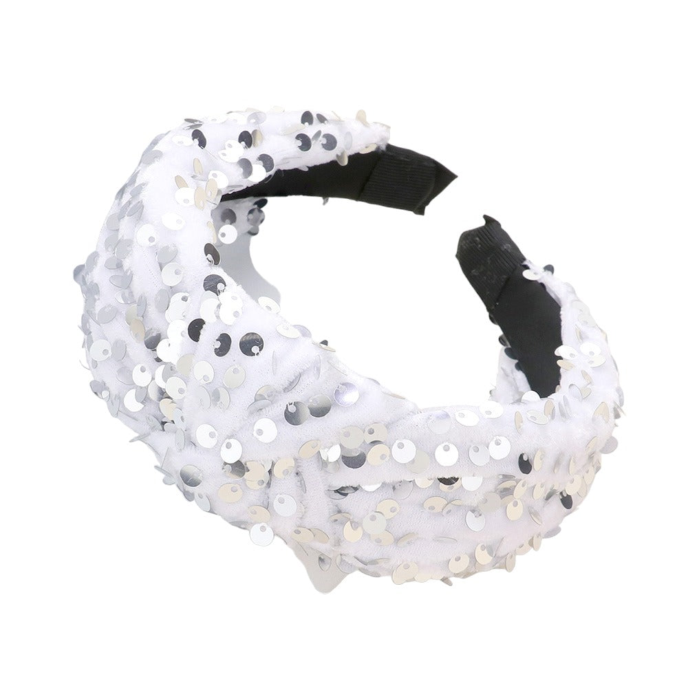 Glamorous Sequin Shimmer Ivory Headband, combining elegance and sparkle for a chic accessory.