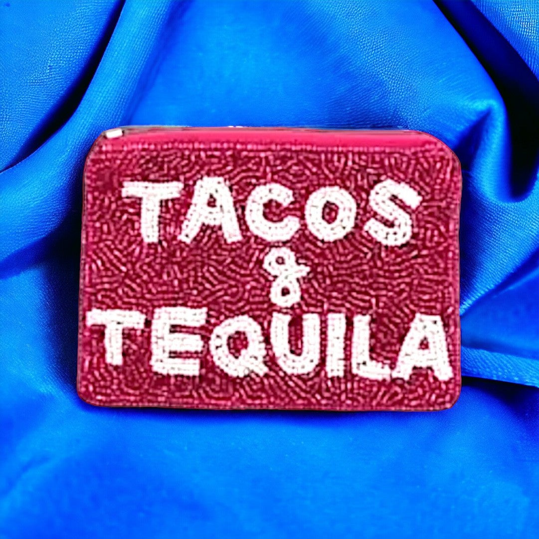 Handcrafted beaded pouch featuring a colorful taco and tequila design with intricate detailing.