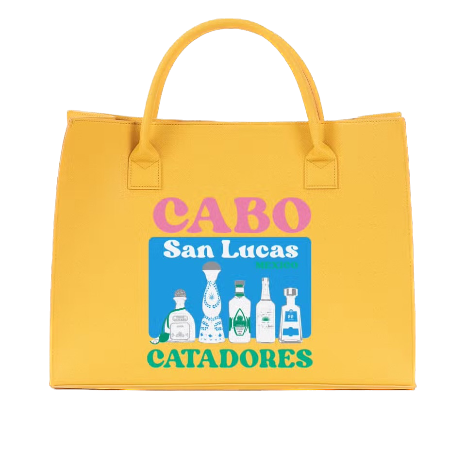 Bold yellow tote bag featuring a Cabo San Lucas tequila pattern, made from vegan leather.