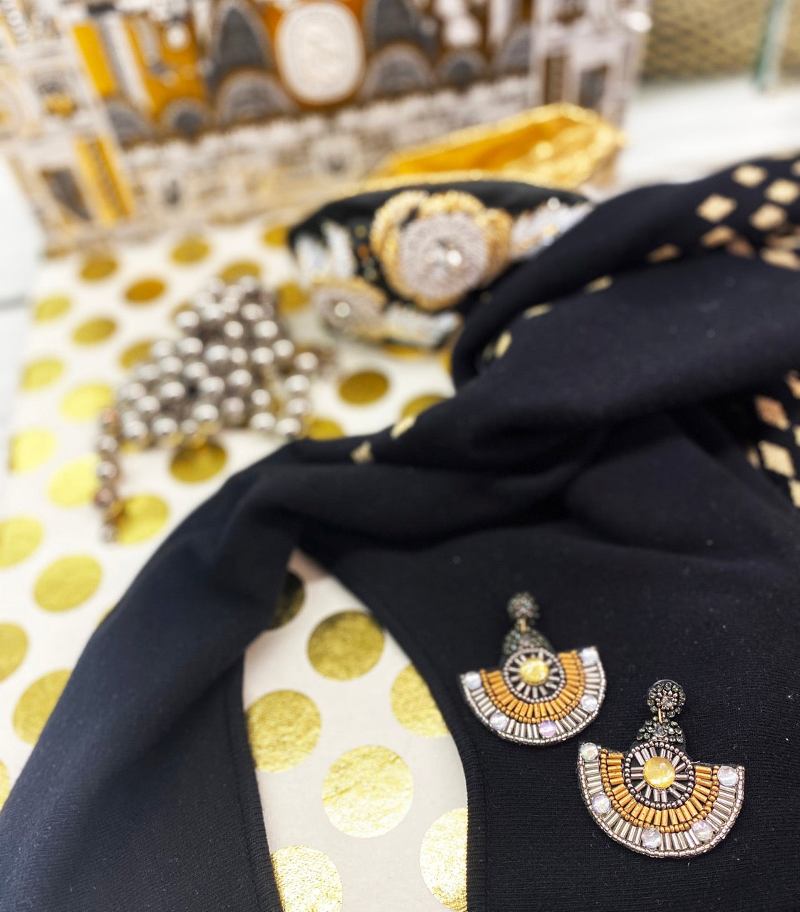 Elegant Venetian Chandelier Metallic Earrings with a blowing kiss emoji and 'Do Not Disturb' patch design.