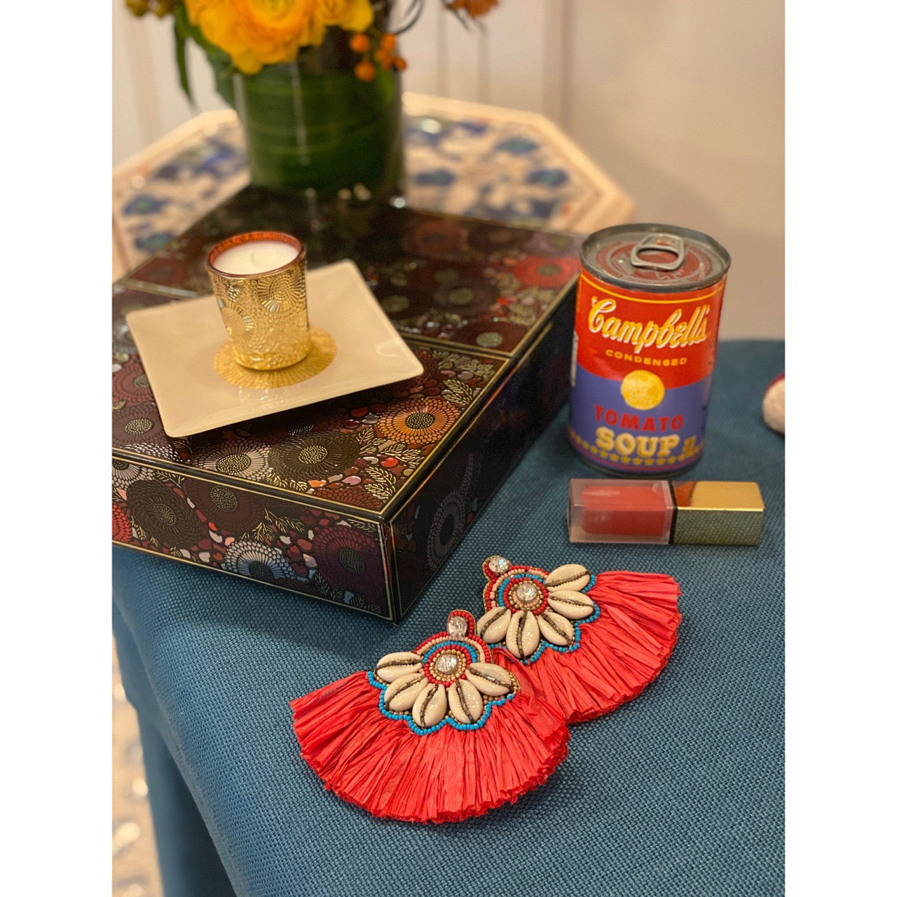 Bold and stylish She Shell Red Fringe Earrings with a playful patch design, great for beach vacations and summer fashion.