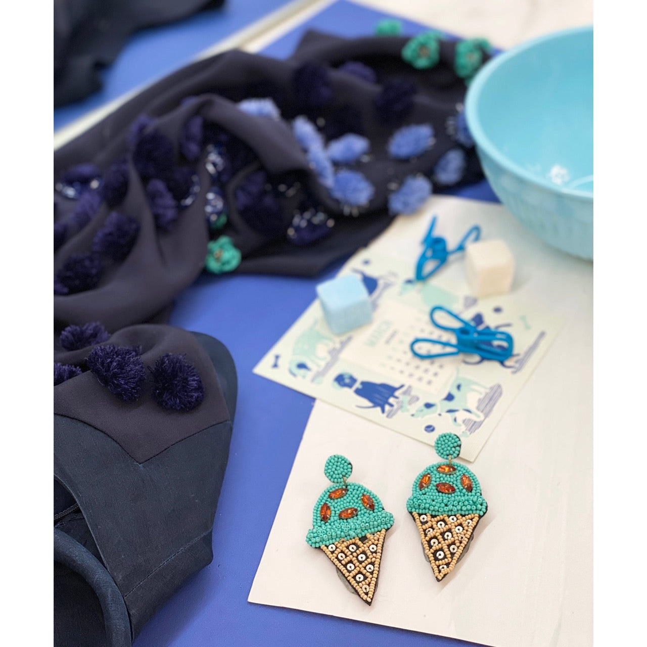 Fashion earrings featuring a mint ice cream cone design, handcrafted with beads and raspberry gemstone toppings.
