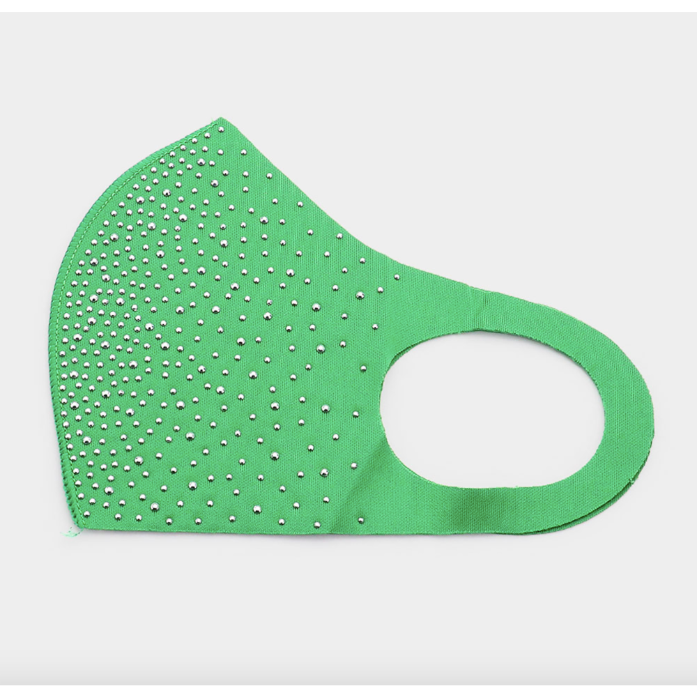 Lime green studded face mask with soft-stretch fabric, reusable and washable for stylish protection.