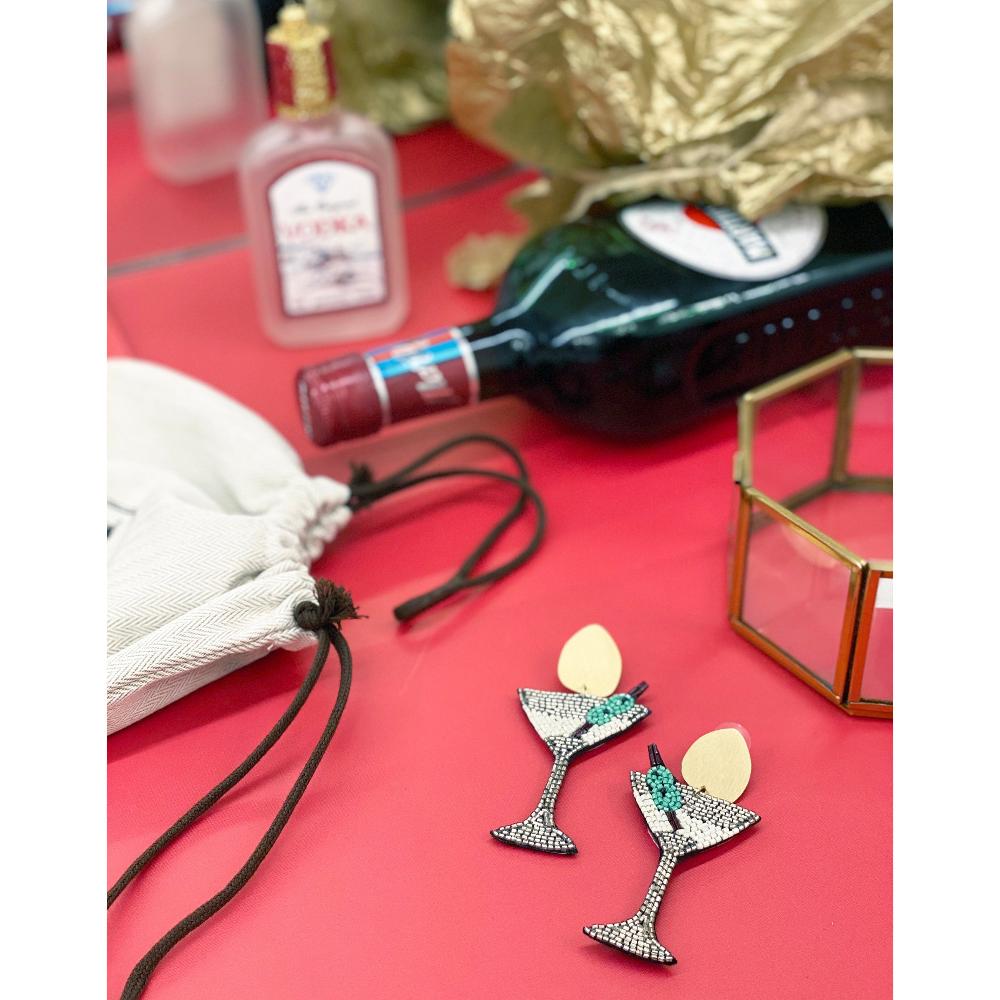 Unique hand-crafted beaded martini earrings with a fun "Kiss Me" patch design, ideal for party wear or quirky styling.