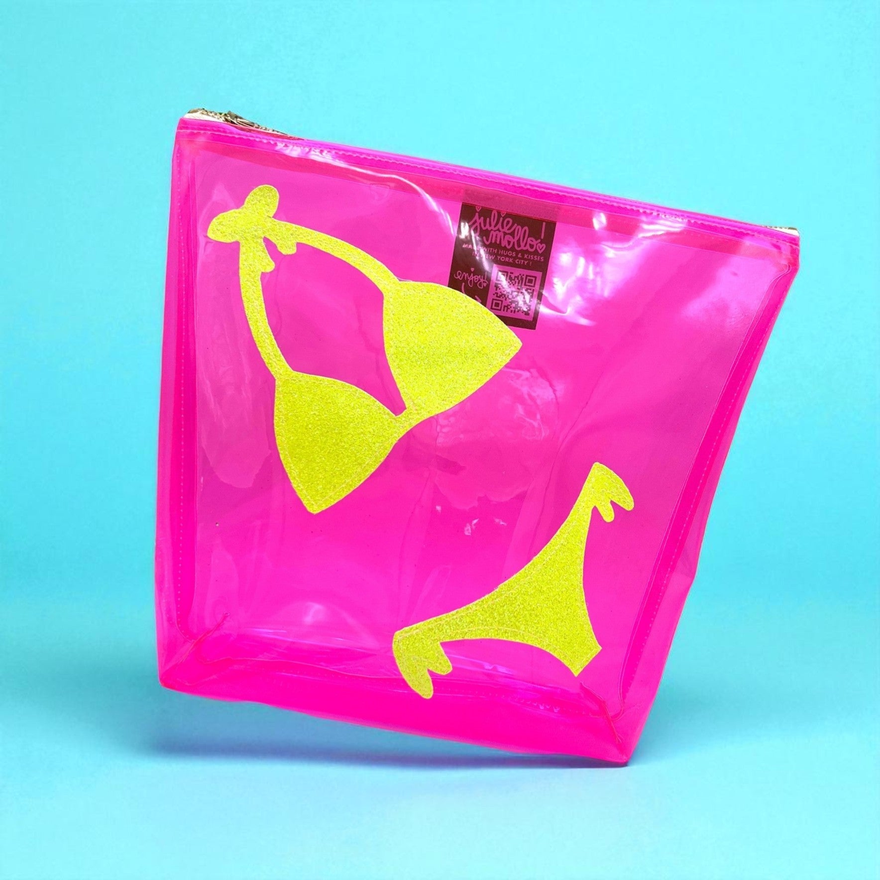 Pink bikini storage bag with glitter graphics