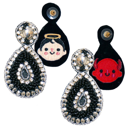 Onyx teardrop-shaped earrings with hypoallergenic materials and unique "Angel & Devil" patch design.