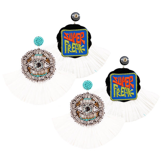 Evil eye earrings with hypoallergenic materials and unique "Superfreak" patch design.