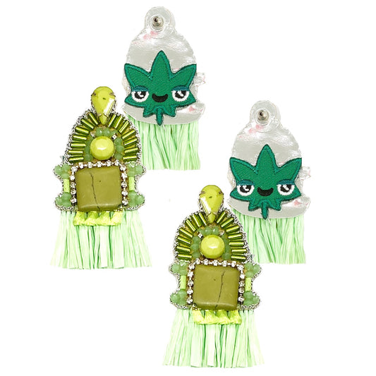 Green beaded leaf earrings with hypoallergenic materials and unique design.