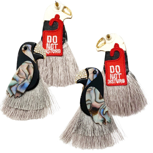 Grey bird earrings with tortoise design and hypoallergenic materials.