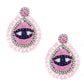 Lightweight pink earrings with evil eye and fringe accents.