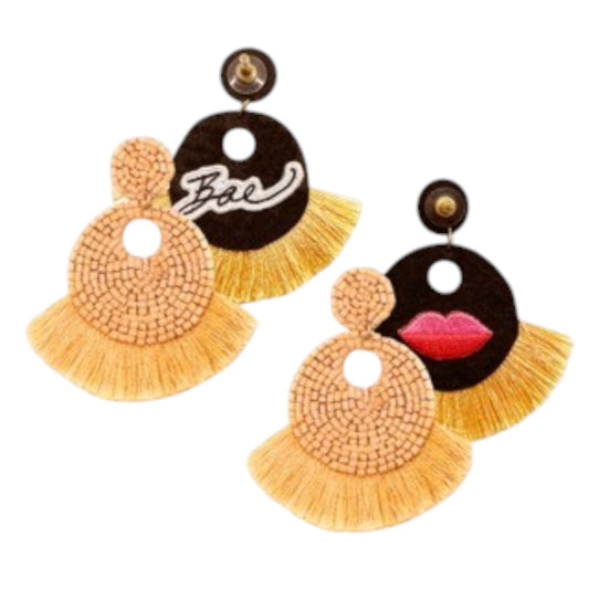 Camel-colored fringe earrings with "Bae" and lips patch design, perfect for boho chic styling.