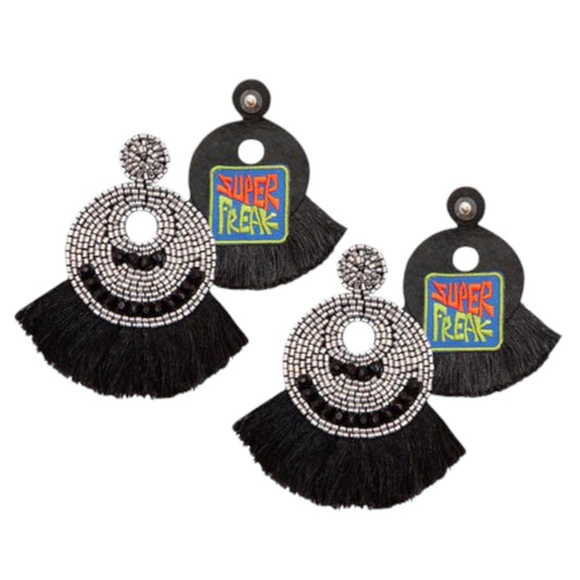 Handcrafted silver fringe earrings with "Super Freak" patch, hypoallergenic and stylish.