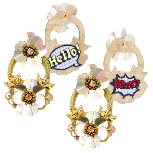 Full Bloom Gold Earrings with floral design and "Hello?" patch.