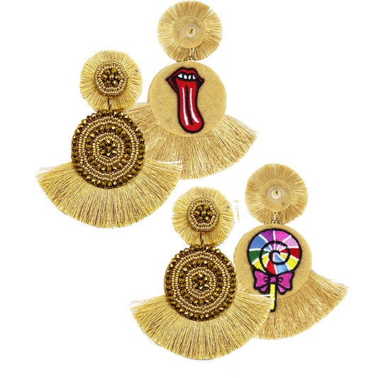 Oversized gold earrings with beaded discs, fan fringe, and quirky embroidered patch details